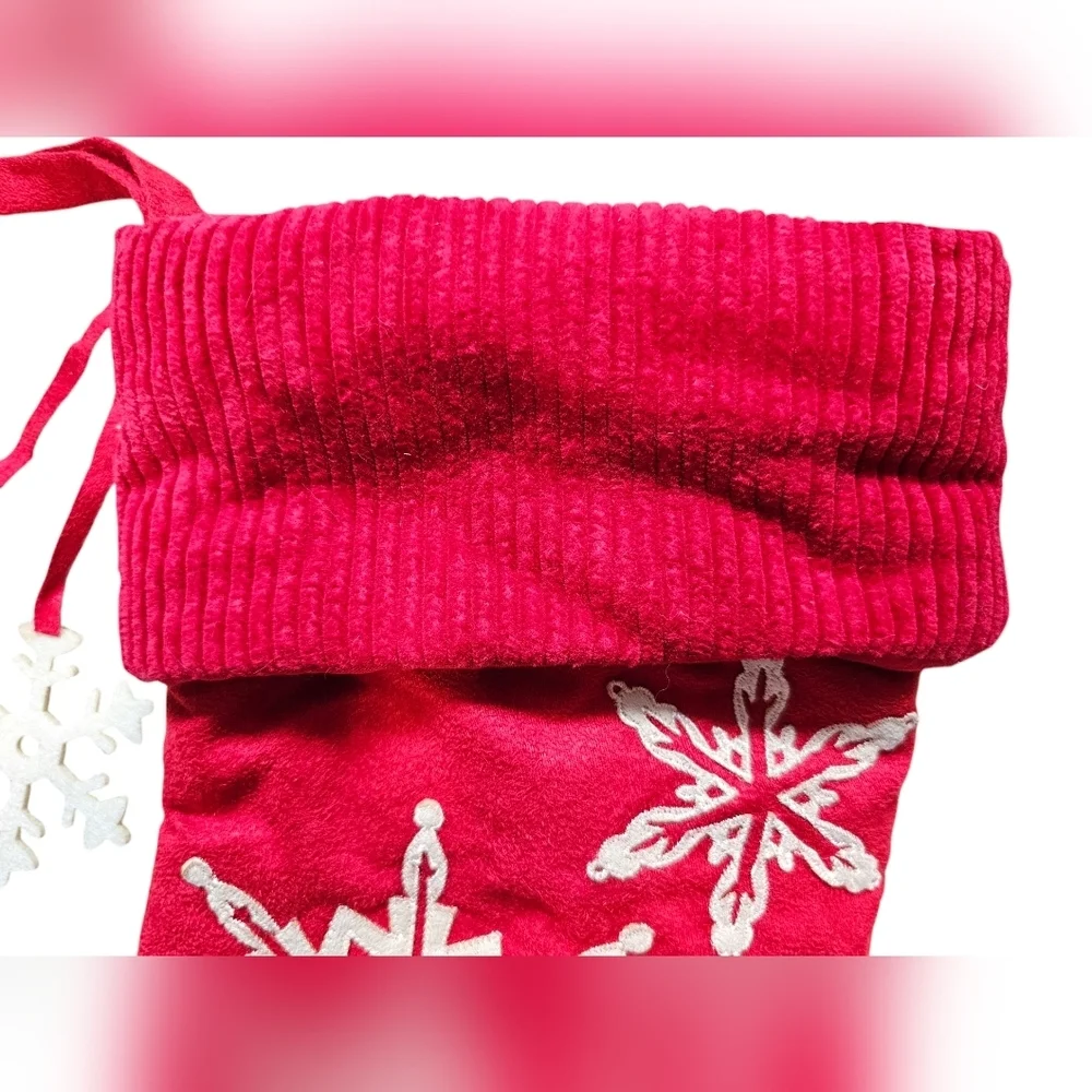2 Holiday Stockings, Red and Cream with Embroidered Snowflakes